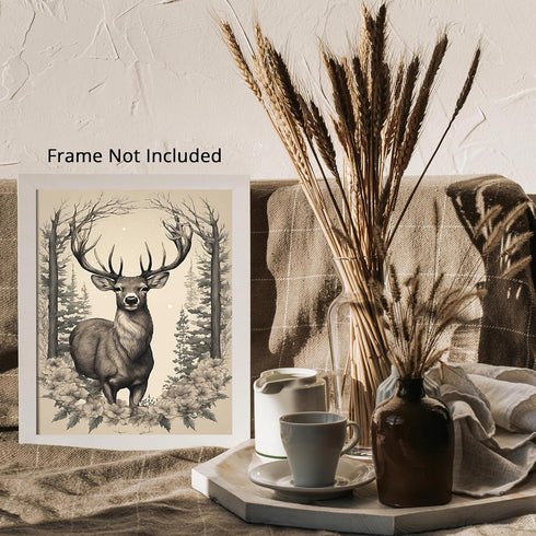 Posterizer 1 pcs- Beautiful deer in a jungle with wild white flowers-Art for Animal Lovers-Floral Botanical Art- Gift for Men Women -Decor for Bed...