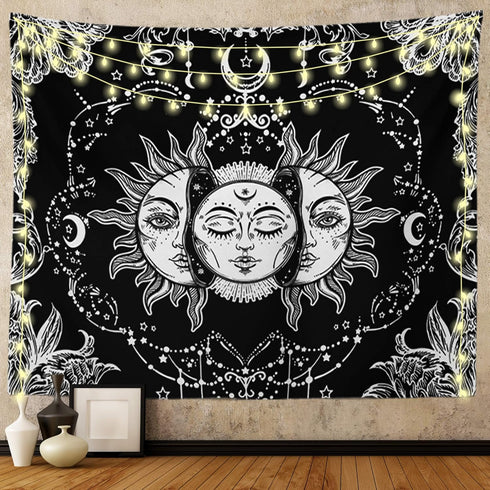 Ftuency Sun and Moon Tapestry, Black and White Tapestries Mystic Burning Sun with Star Wall Hanging decor for Bedroom (59" W x 51" L)...