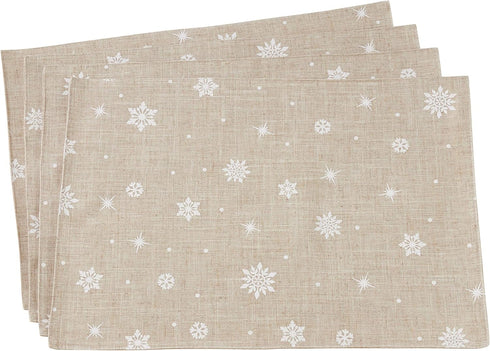 SARO LIFESTYLE 7352.N1319B Snowfall Collection Poly and Linen Blend Christmas Placemats with Snowflake Design (Set of 4), 13" x 19", Natural...