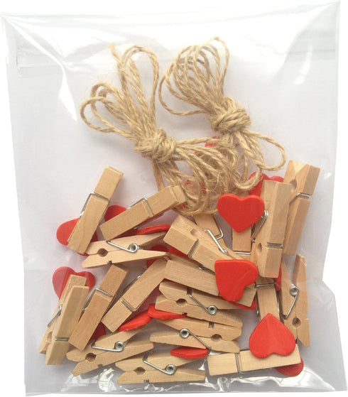LWR CRAFTS Red Heart Wooden Mini Clothespins 20 Pieces and Jute Cord 8ft...