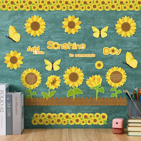Fulmoon 55 Pcs Sunflower Bulletin Board Set Religious Sunflower Cutouts with Butterflies Fences Bulletin Cardboard with Inspiring Bible Verses for...