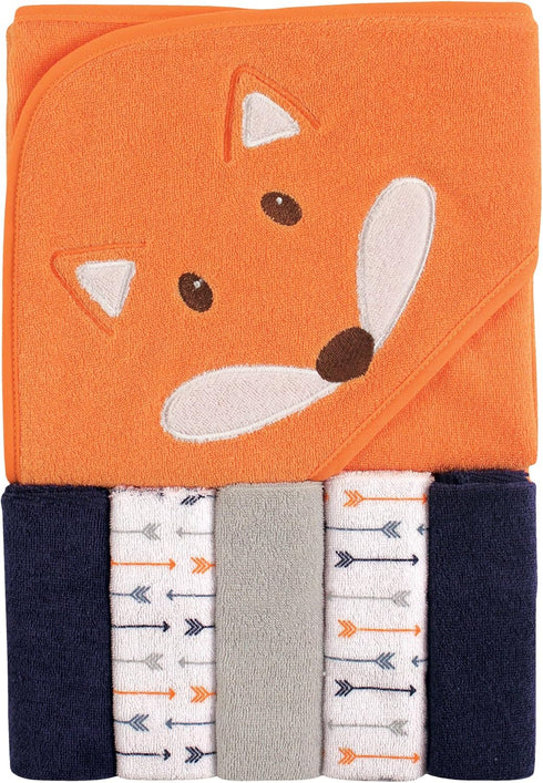 Luvable Friends Unisex Baby Hooded Towel with Five Washcloths, Boy Fox, One Size...