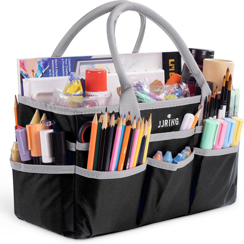 JJRING Craft and Art Organizer Tote Bag - 600D Silver Nylon Fabric Art Caddy with Pockets - for Art, Craft, Sewing, Medical, and Office Supplies S...