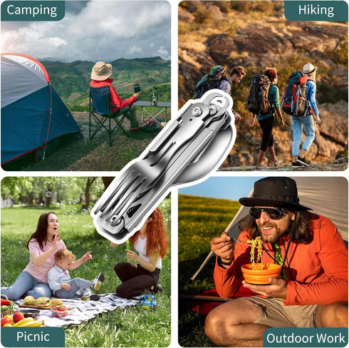 Camping Utensils, 6-In-1 Detachable Stainless Steel Camping Flatware Multi-tool kits with Spoon Fork Knife Corkscrew Bottle&Can Opener, Folding Po...