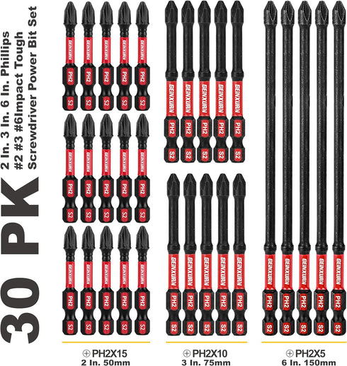 Impact Tough #2 Phillips Mixed 2/3/6 in. D2 Steel Long Extension Insert Driver Bits,30Pack 1/4 Inch Hex Shank Long Cross Magnetic PH2 Screwdriver ...