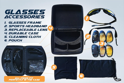 Motorcycle Riding Glasses Kit - 4 Lenses - Polarized, Smoke, Yellow, And Clear. Plus Case, Cleaning Cloth, And Strap Motorcycle Accessories. By Ge...
