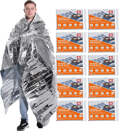 Emergency Blankets Mylar Thermal Blanket,(10 Pack) of Gigantic Space Blanket 82 * 64 in. Survival Blankets Heavy Duty Camping Gear,First Aid...