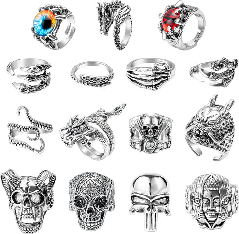 PANTIDE 16Pcs Vintage Silver Punk Rings Set for Men Women, Gothic Alloy Biker Adjustable Rings, Halloween Skeleton Skull Evil Eye Dragon Claw Octo...