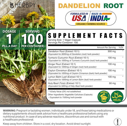 Dandelion Root Supplement 7500mg 6in1 for Digestion, Heart Health & Immune - Blended with Ginger, Turmeric Curcumin, Ceylon Cinnamon, Lemon Balm &...