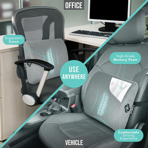 SAMSONITE Lumbar Support Pillow for Office Chair and Car Seat, Perfectly Balanced Memory Foam, Versatile Use Lower Back Cushion, Gray...