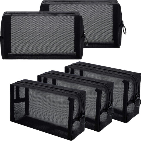 Sadnyy 5 Pieces Mesh Makeup Bag Portable Toiletry Bag Travel Mesh Cosmetic Bag Black Breathable Mesh for Accessories Organizer (7.1 x 4 x 2.4 Inch...