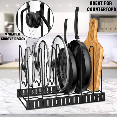 Pot Rack Organizer, 3 DIY Methods, Height and Position are Adjustable - 8 Pots Holder, Metal Kitchen Cabinet Pantry Pot Pan Lid Holder (BLACK)...