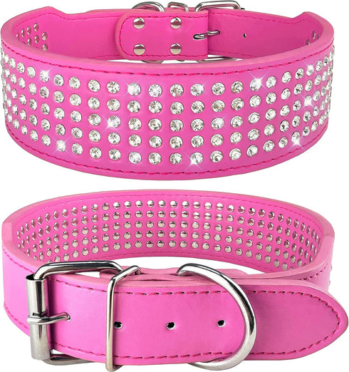 TEEMERRYCA 5 Rows Full Sparkly Rhinestone Dog Collars 2 Inch Wide Stylish Blingy Shiny Crystal Studded PU Leather Pet Collar for Medium Large Bree...