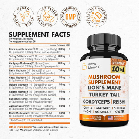 Mushroom Supplement 10x Complex - Lions Mane, Turkey Tail, Cordyceps, Reishi, Chaga, Maitake, Shiitake, Oyster Extract Mushrooms - Nootropic Brain...