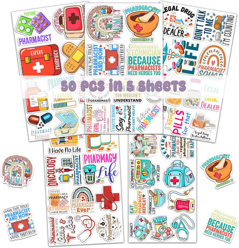 Pack 50 PCS Pharmacist Stickers Medicines Waterproof Decals Vinyl Medical Themed Graphics Pharmacy Patches Phone Case Laptop Water Bottles Accesso...