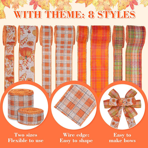 Whaline 8 Rolls 40 Yards Fall Thanksgiving Ribbons 2 Inch 1 Inch Orange Plaids Autumn Harvest Wired Edge Ribbon Rustic Pumpkin Craft Ribbon for Wr...