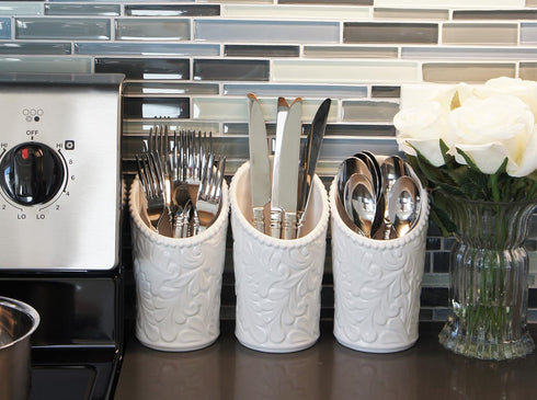 Kitchen Tool Crock (4 Pieces) - 3 Ceramic Utensil Holders (4" Dia x 7" H each) & 1 Metal Caddy - White & Embossed Design...