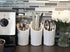 Kitchen Tool Crock (4 Pieces) - 3 Ceramic Utensil Holders (4" Dia x 7" H each) & 1 Metal Caddy - White & Embossed Design...