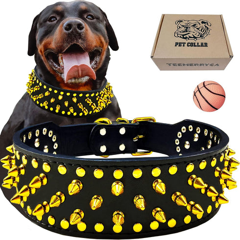 teemerryca Sturdy Wide Black PU Leather Gold Spiked Dog Collars with a Squeak Ball for Medium Large Breed Boy Pet, Pit bulls/Bulldog/Boxer/Doberma...