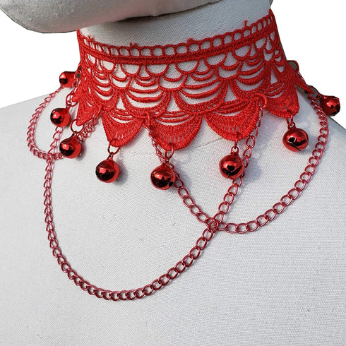 Red Lace Chains Christmas Bell Necklaces Goth Chokers Collar Jewelry for Women Gifts (lace bell)...