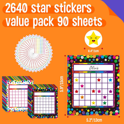 90 Pack Classroom Incentive Chart, 2 Colorful Designs with 2640 Star Stickers for Classroom Teaching or Family Using...