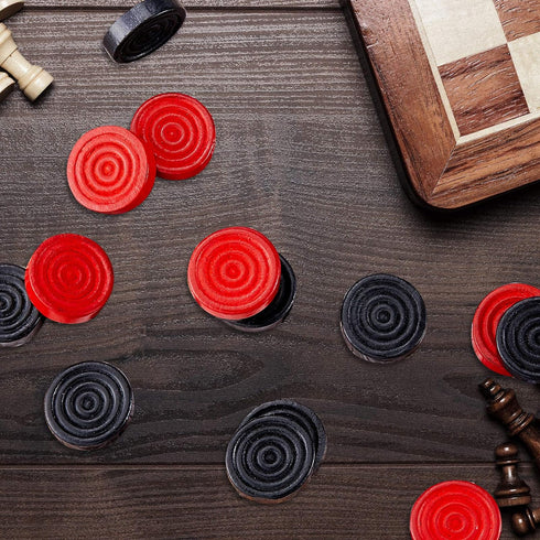24 Pieces Wooden Checkers 1.06 Inch Checkers Board Game Pieces Stackable Ridge in Drawstring Storage Pouch for Checkers Game, Red and Black...