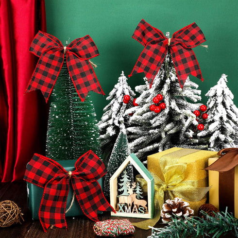 WILLBOND 12 Pieces Buffalo Plaid Bows Burlap Decorative Velvet Bows for Wreaths for Valentine Day Gift Wrap Party Decoration(Red and Black,6 x 6 I...