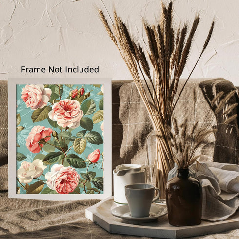 Posterizer 1 pcs-pastel blush pink flowers with blue background-Floral & Botanical Art-Abstract & Modern Art-Decor for Home & Office- UNFRAMED Wal...