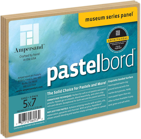 Ampersand Art Supply Pastel Painting Panel: Museum Series Pastelbord, 5" x 8" Pack of 3, Sand, 1/8 Inch Flat Profile...