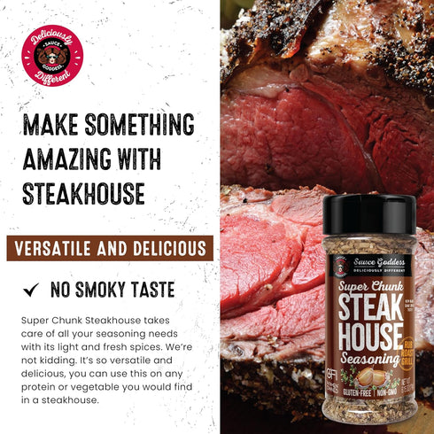 Sauce Goddess Super Chunk Steakhouse Spice Shaker (2-Pack) - Versatile, Delicious Steak Seasoning, BBQ Rub for Chops, Chicken and Veggies! Gluten-...