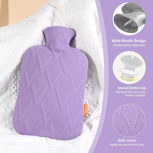 samply Hot Water Bottle with Cover, 2L Hot Water Bag for Hot and Cold Compress, Hand Feet Warmer, Neck and Shoulder Pain Relief, Light Purple...