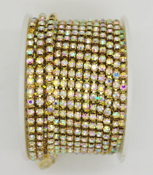 10 Yard Crystal AB Rhinestone Close Chain Clear Trim Sewing Craft (Gold, 3mm)...