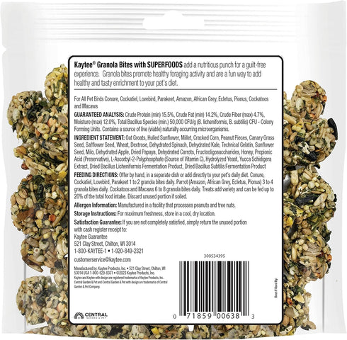 Kaytee Granola Bites with Super Foods Spinach and Kale for Pet Birds, Conure, Cockatiel, Lovebird, Parakeet, Amazon, African Grey, Ecletus, Pionus...