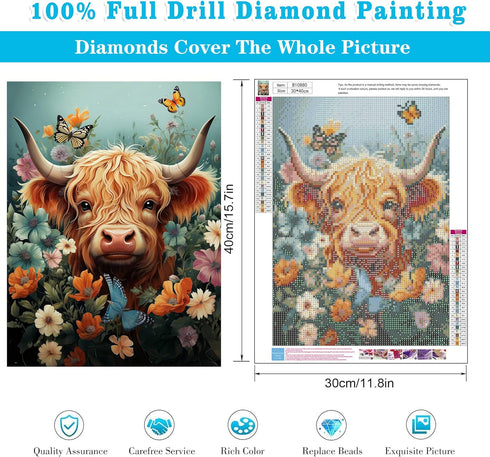 Meothan 5D Highland Cow Diamond Painting Kits for Adults Flower Cow Diamond Art Kits for Adults Beginners, DIY Round Full Drill Gem Art Crafts Kit...