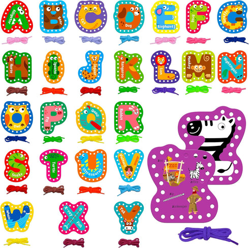 26PCS Kids Lacing Cards, 26 Double Sided Uppercase Sewing Cards with 26 Colorful Laces, Imagination Development Lacing Toys Games for Children Edu...