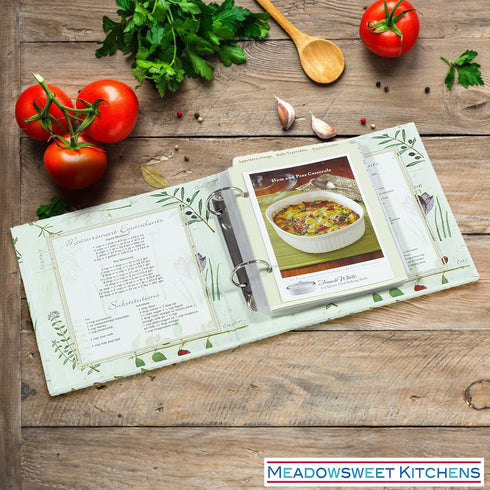Meadowsweet Kitchens Recipe Card Holder Cookbook Mini 2 Ring Binder Organizer - Recipe Binder Cook Book w/ 25 4 x 6 Cards, 50 Clear Card Sleeves, ...