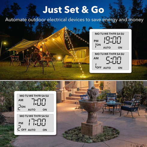 BN-LINK 7 Day Outdoor Heavy Duty Digital 24 Hour Programmable Timer, Dual Outlet, Weatherproof, Heavy Duty, Accurate for Lamps Ponds Christmas Lig...