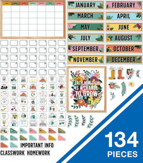 Carson Dellosa 134 pc Grow Together Calendar Bulletin Board Set, Wall Calendar, Monthly Calendar Headers & Cover Ups, Leaf & Flower Decor, Motivat...