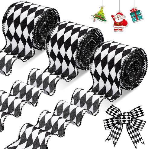 3 Rolls 30 Yards Black White Harlequin Ribbon Checkered Wired Ribbon Decorative Ribbons for Xmas Fall Tree Wrapping Wreath Bouquet Crafts(2.5 Inch...
