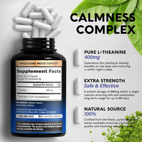 L Theanine 400 mg | L-Theanine Stress Relief | Extra Strength Supplement | Made in USA | Relaxation, Sleep & Calm Support | For Men & Women | Plan...