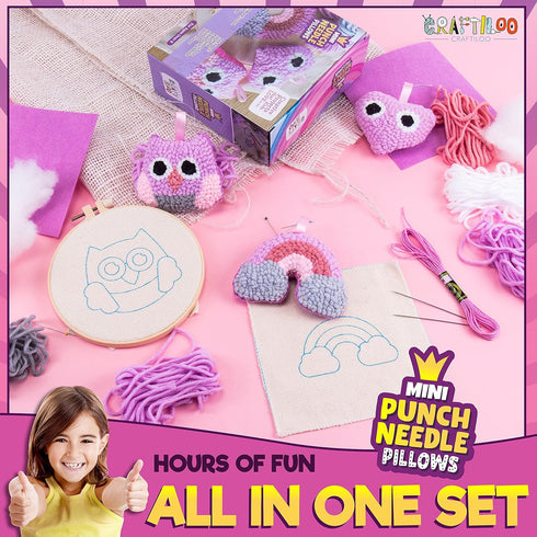 CRAFTILOO 3Pcs of Embroidery Punch Needle kit for Kids Mini Pillows Googly Heart Owl Rainbow Needlepoint Craft Embroidery Pen Needle Punch Kit Art...