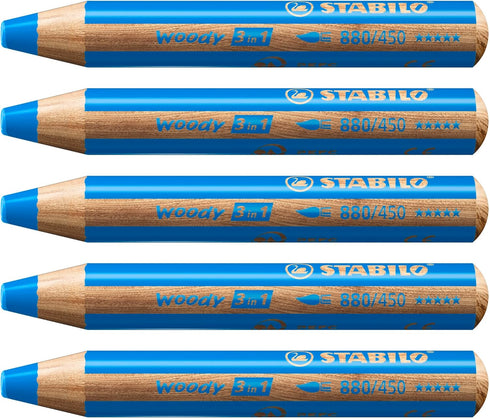 STABILO Woody 3 in 1 Multi Talent Pencil Crayon - Cyan Blue (Pack of 5)...