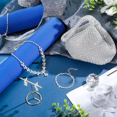Sanwuta 4 Pcs Silver Clutch Purses for Women Evening Rhinestone Jewelry Set Necklace Earrings Bracelet Wedding Accessories...