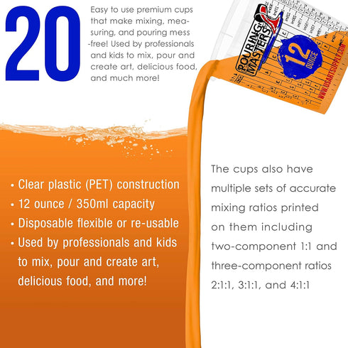 12 Ounce (350ml) Graduated Plastic Mixing Cups (Box of 20) - Use for Paint, Resin, Epoxy, Art, Kitchen, Cooking, Baking - Measurements in OZ. and ...
