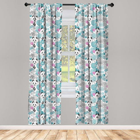 Lunarable Panda Window Curtains, Portraits of Chinese Bears on Sketch Flowers and Abstract Circular Shapes, Lightweight Decor 2-Panel Set with Rod...
