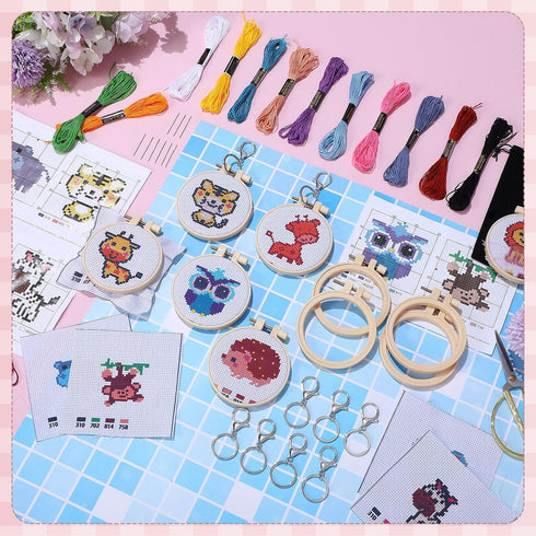 Juinte 10 Pack Stamped Cross Stitch Beginners Kits for Kids Embroidery Starter Cross Kit with Woodland Animal Patterns DIY Needlepoint Sewing Set ...