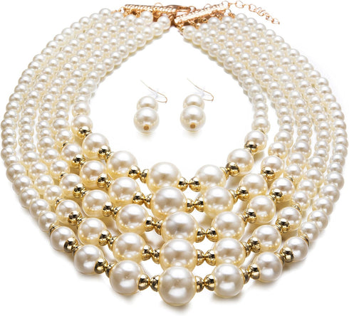 Women Elegant Pearl Jewelry Bead Cluster Collar Bib Choker Necklace and Earrings Set (Ivory)...