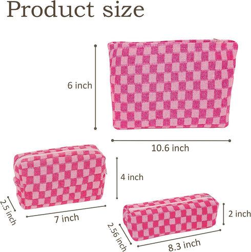 Large Capacity Makeup Bag Set Pink Checkered Makeup Bags 3 Pieces Canvas Travel Makeup Bag Organizer Travel Toiletry Bag Storage Bag for Women...