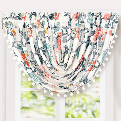 DriftAway Ada Botanical Print Lined Flower Leaf Thermal Insulated Window Valance Rod Pocket Waterfall Swag Valance with Pom Pom 52 Inch by 18 Inch...