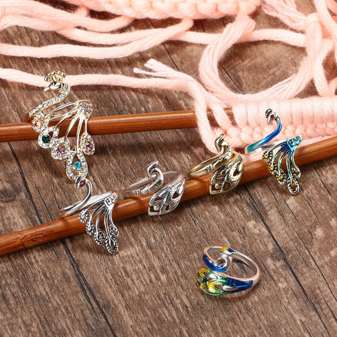 Syhood 6 Pieces Knitting Loop Crochet Ring Adjustable Knitting Loop Ring Peacock Open Finger Holder Thimble Metal Yarn Guide Finger Holder for Qui...